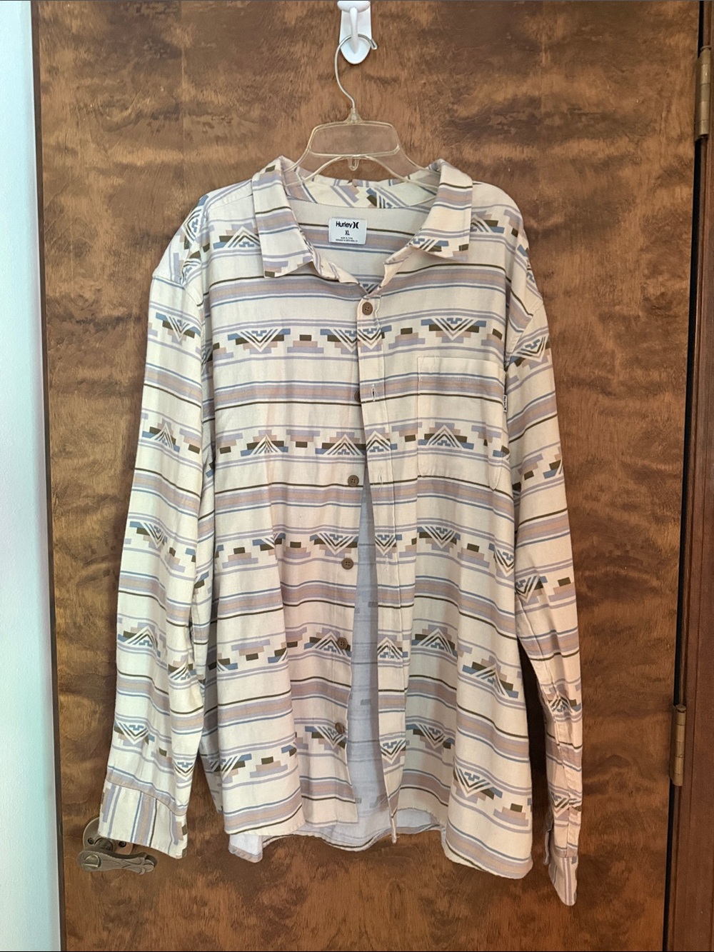 Hurley Cotton Cream and Beige Geometric Stripe Button-Down Shirt - XL
